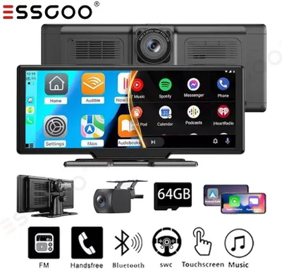 Obrázok produktu pre Zrkadlová kamera do auta s dotykovým displejom 10 palcov, systémami Android a Apple CarPlay, DVR s dvoma kanálmi, rozlíšením 4K a 1080p, monitorom s funkciou parkovacej kamery, nočným videním