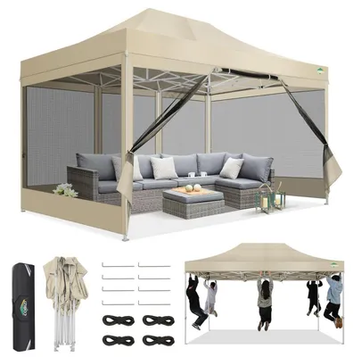Produktbild von Faltpavillon 3x4,5 m mit Moskitonetz, wasserdicht, UV-Schutz 50+, höhenverstellbar, 4 Seitenwände, 420D Oxford, Khaki