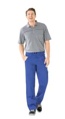 A man wearing a gray polo shirt and blue cargo pants, standing against a white background.