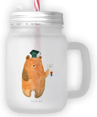 Produktbild von Mr. & Mrs. Panda Glas Bär Prüfung - Transparent - Geschenk, Bestanden, Mason Jar, Abschlusszeugnis, Abitur, Zeugnis, Prüfungen, Becher mit Strohhalm, Teddy, Cocktailglas