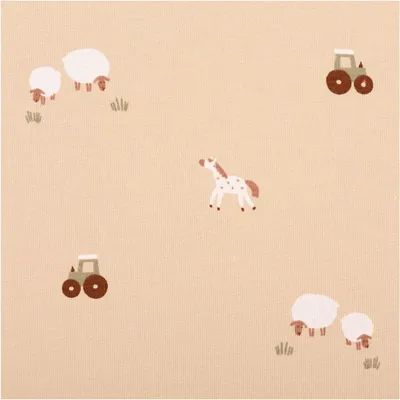 Produktbild von Jerseystoff Meterware Baumwolljersey Bauernhof beige 1,50m