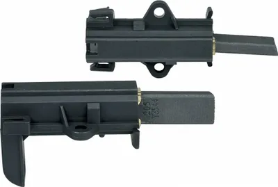 Two black carbon brush holders with carbon brushes extended, presented on a white background.
