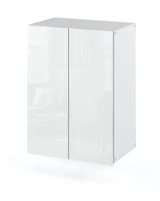 A white cabinet with two doors is shown against a white background.