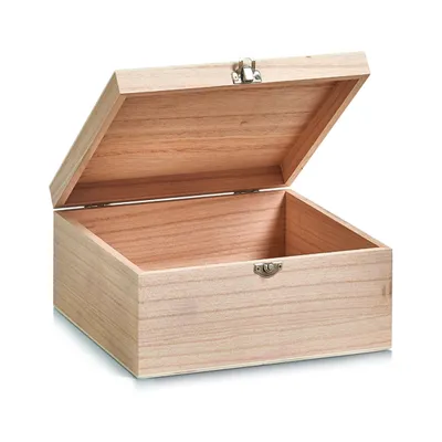 An open wooden box on a white background.