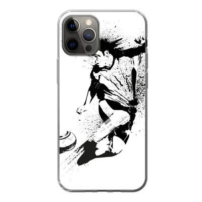 Produktbild von MuchoWow® Handyhülle Schutzhülle Hülle für iPhone 12 Pro Eine Illustration einer Person, die einen Fußball in Richtung Tor schießt - Jungen - Junge - Kind Silikon Softcase Handy Hülle - Abdeckung