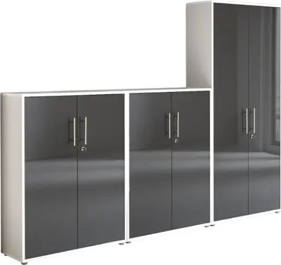 Produktbild von Aktenschrank TABOR 53 in weiß / anthrazit Hochglanz, Schrankwand, Büroschrank, abschließbar, Metallgriffe