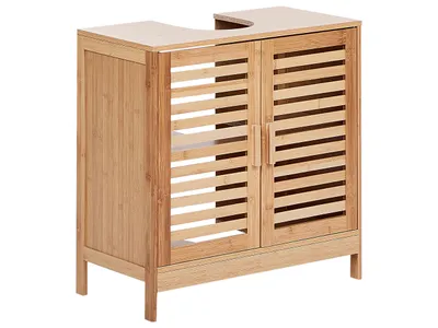 A wooden bathroom vanity cabinet with a cutout top for a sink, shown against a white background.