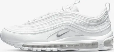 A side view of a white Nike Air Max 97 sneaker against a white background.