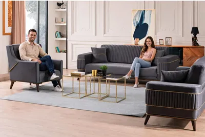 Produktbild von Sofaset mit eleganten Sesseln und modernen Goldakzenten hochwertige Möbel