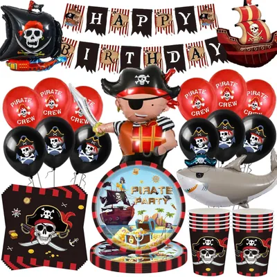 Imagen del producto de Kit de decoración para cumpleaños con temática pirata, de 80 piezas, que incluye globos de aluminio, platos de cartón, vasos, servilletas, ideal para fiestas infantiles