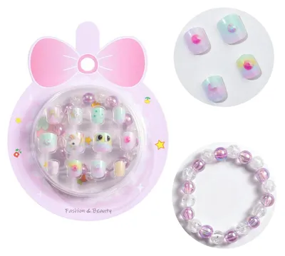 Productafbeelding van Kunstnagels voor kinderen met armbandje, 3D-motieven, kunstmatige nageltips, volledig bedekkend, paars/roze, set van 12