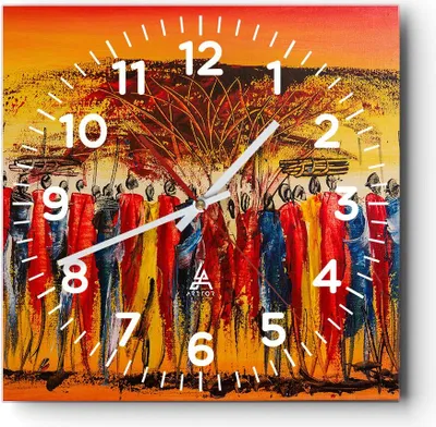 Produktbild von Wanduhr - Quadrat - Glasuhr - Afrika Stamm - 40x40cm - Schleichendes Uhrwerk - Lautlos - zum Aufhängen bereit - Dekoration Modern - Wanddekoration aus Glas - C4AC40x40-3752