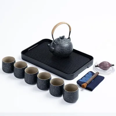 Imagen del producto de Juego completo de té japonés con bandeja, color gris carbón. Incluye: tetera, 6 tazas, bandeja. Capacidad de la tetera: 700 ml (25 oz). Capacidad de las tazas: 205 ml (7.2 oz). Servicio de té, tetera con taza