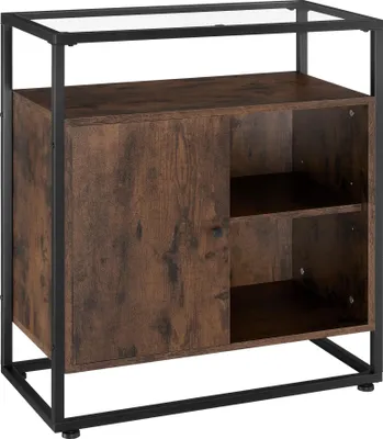 A product shot of a brown and black cabinet with a glass top, isolated on a white background.