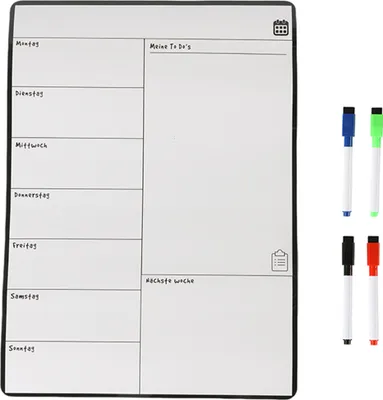 Produktbild von Relaxdays Speiseplan Wochenplaner, HxB: 42 x 30 cm, magnetisch, abwischbar, 4 Marker, Whiteboard für Kühlschrank, weiß