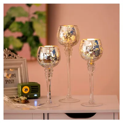 Produktbild von Teelichthalter Kerzenständer aus Glas in Silber - Windlicht Kerzenhalter Deko 3er-Set 23,5/25,5/31,5 cm für Teelichter und Votivkerzen