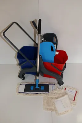 Produktbild von CleanSV® Wischset PE 40 - Reinigungswagen PE mit Presse, MopSet 40 cm: 3 Baumwollmop, Halter, Telskopstiehl