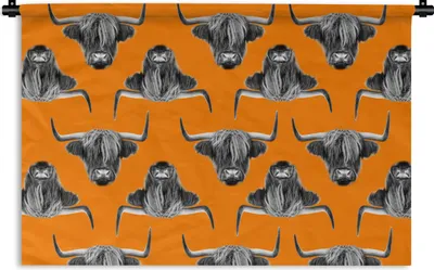 Produktbild von MuchoWow® Wandteppich Wandbehang Schottisches Hochlandrind - Muster - Orange 60x40 cm Tapisserie Dekoration Wandtuch - Wanddekorationen