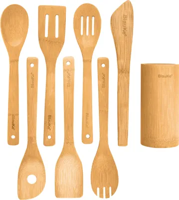Produktbild von BlauKe® Küchenhelfer Set aus Holz 8-teilig - Küchenutensilien, Pfannenwender Set Holz - Kochlöffel Kochgeschirr mit Küchenutensilienhalter