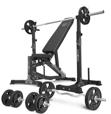 Produktbild von Marbo Sport - Set MS30_2.0_83KG_G | Doppelseitig verstellbare Hantelbank + Hantelablage (2 Stück) mit Sicherung + Stangen- und Hantelscheiben gummiert Set 83 kg