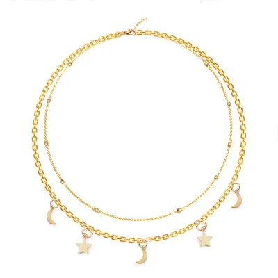Produktbild von Gleamart Frauen Mädchen Layered Crescent Monde & Sterne Perlen Charm Choker Hals
