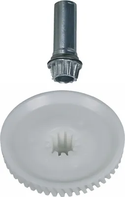 A metal component and a white gear are shown against a white background.