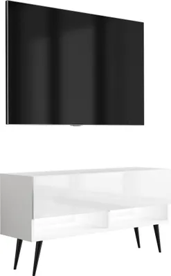 Produktbild von TV-Lowboard 100 cm Mattweiß / Hochglanzweiß, schwarze schräge Beine, weiße LED, 100 × 32 × 52 cm