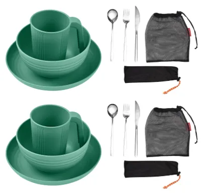 Produktbild von Camping-Besteck-Set fš¹r 2 Personen, tragbares Essgeschirr aus Weizenstroh mit Schš¹ssel, Teller, Tasse, Gabel, Messer, L?ffel, Outdoor-Geschirr und Picknickgeschirr