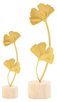 Ginkgo-Blatt-Figuren gold, 2er-Set, Steinskulptur, 28 cm