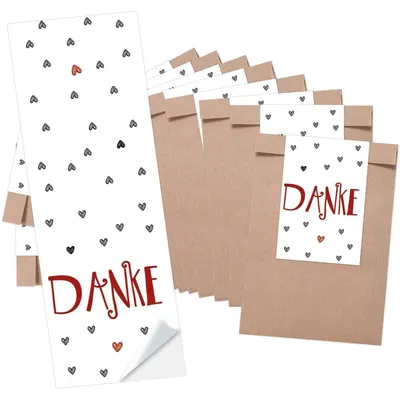Produktbild von 10 kleine braune Papier-Tüten Mini-Tütchen (8,5 x 13 cm) + 10 Banderolen (5 x 15 cm) DANKE rot graue HERZEN - Geschenktüten give-aways Mitgebsel Verpackung als Dankeschön für Gäste Kunden Freunde25 Stück