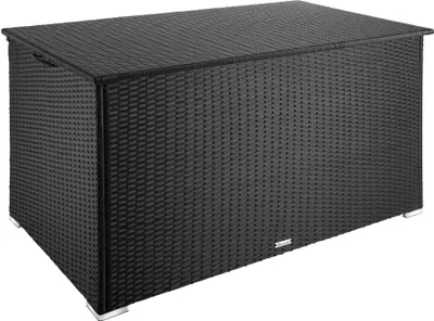 A black woven storage box with a lid, shown from a slightly elevated front-left angle on a white background.
