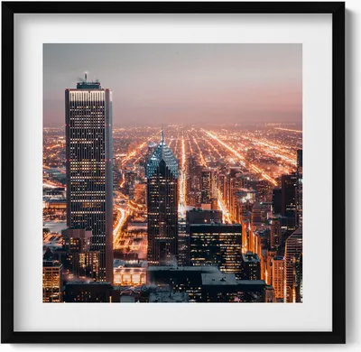 Produktbild von Abendliche Stadt– Wandbild mit Rahmen – Gerahmtes Bild  – Wanddekoration – 50x50 cm –  Schwarz Rahmen