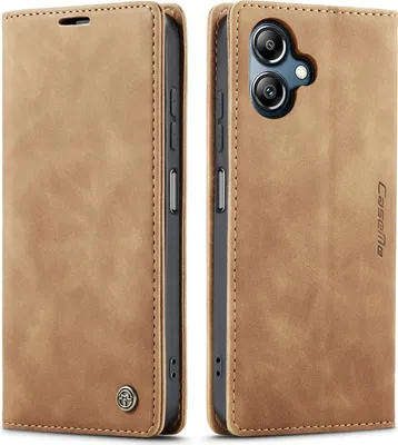 A product shot of a brown leather-look phone case, shown from the front and side.