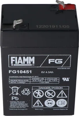 A black battery with labels and markings.