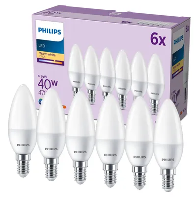 Obrázek produktu pro Philips 6× svíčka 40 W B35 E14, 4,9 W, 40 W, E14, 470 lm, 15000 h, Teplá bílá