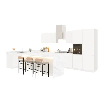 Produktbild von Inselküche-Küchenzeile 420x220 cm Glanzia – KU-S17 – Weiß – Hochglanz Ohne Arbeitsplatte & Elektrogeräte Eckküche L-FORM Küchenzeile Küche L-Form Einbauküche Küchenblock
