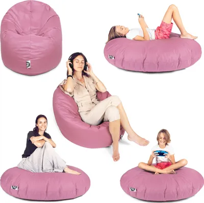 A collage of images showing different people using pink beanbag chairs in various positions.