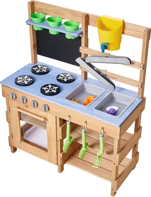 Zdjęcie produktu dla SucceBuy kuchnia do zabawy dla dzieci, drewniana kuchnia dla dzieci z kuchenką, zlewem, haczykami, przyborami kuchennymi, uchwytami, akcesoriami i łopatką do sadzenia, odpowiednia dla dzieci w wieku 3 lat i starszych, wymiary: 762x324x914 mm