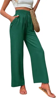 Produktbild von ASKSA Damen Hose Hohe Taille Weitem Bein Einfarbig Freizeithose Tunnelzug Leicht Sommerhose Mit Taschen (Dunkelgruen,XL)