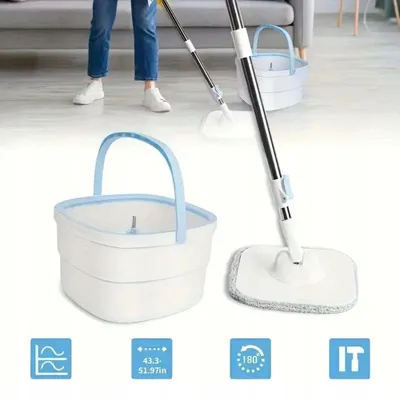 Produktbild von 360°-Rotationsmopp-Set mit Eimer - Flacher Bodenwischer - 2,5-l-Doppelkammer - Mikrofaser - Edelstahlstiel - Plattenauswringung