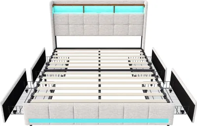 Obrázek produktu pro Manželská postel 140 x 190 cm v béžovém povlečení, 4 zásuvky, LED osvětlení, police, přípojky USB/Type C, dřevěný lamelový rošt