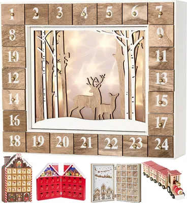 Produktbild von Kalendarz adwentowy BRUBAKER Forest Wood White Nature z oświetleniem LED 35,5 x 6 x 27 cm