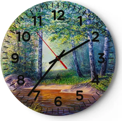 Produktbild von Wanduhr - Rund - Glasuhr - Wiese Wasser Baum - 30x30cm - Schleichendes Uhrwerk - Lautlos - zum Aufhängen bereit - Dekoration Modern - Wanddekoration aus Glas - C4AR30x30-4063