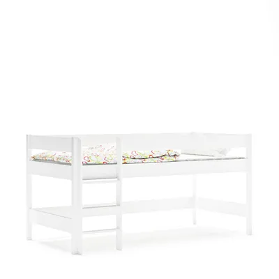 Produktbild von Hochbett 180x80 Kinderbett mit Rausfallschutz & Lattenrost weiß 80 x 180 für Mädchen und Jungen Massivholz Kiefer und MDF Möbelplatte, mit Matratze