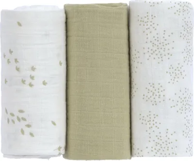 Produktbild von Lässig Swaddle & Burp M Multituch - GOTS - 3 Stück - 60 x 60 cm - Leave Olive / Milky | Hydrophile Windeln