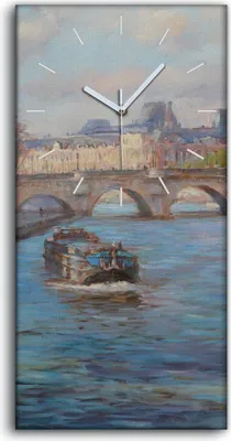 Produktbild von Wohnzimmer-Bild Leinwand Uhr 30x60 Gemälde Stadt Gebäude Fluss Brücke Boot Bäume - weiße Hände