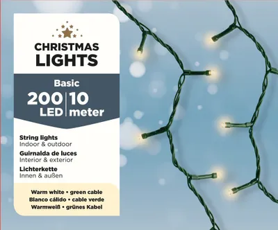 A product information card for Christmas lights with a string of lights in the background.