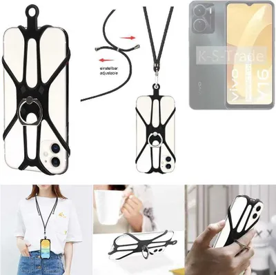 Produktbild von K-S-Trade 3in1 Handykette Handyband Handykordel Halsband Smartphone-Ring Handy-Ring kompatibel mit Vivo Y16 Fingerhalterung Handyring Tischständer