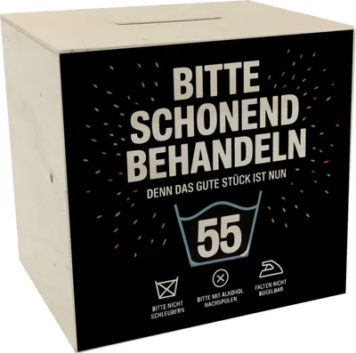 Produktbild von Wäschepflegeetikett Spardose aus Holz bitte schonend behandeln wird 55