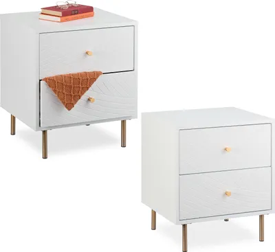 Zdjęcie produktu dla Zestaw 2 szafek nocnych Relaxdays, 2 szuflady, szafka nocna do sypialni, stolik pomocniczy, wys. x szer. x gł.: 52 x 45 x 40 cm, biały/złoty